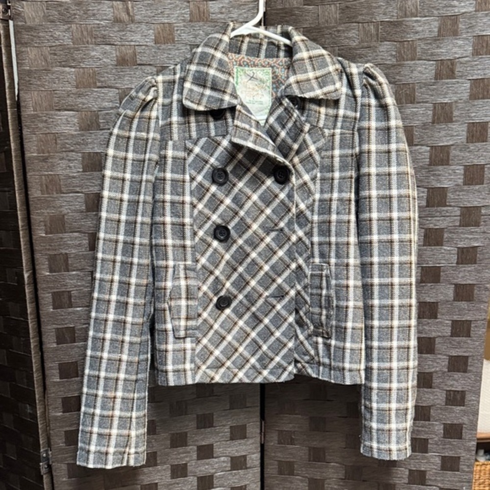 Flying Tomato Black and Gray Plaid Pea Coat